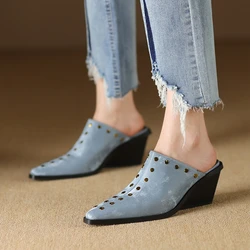 Women's New Spring/Summer Pointed Genuine Leather Silk Cowhide Metal Rivet Slope Heel High Heel Baotou Muller Slippers