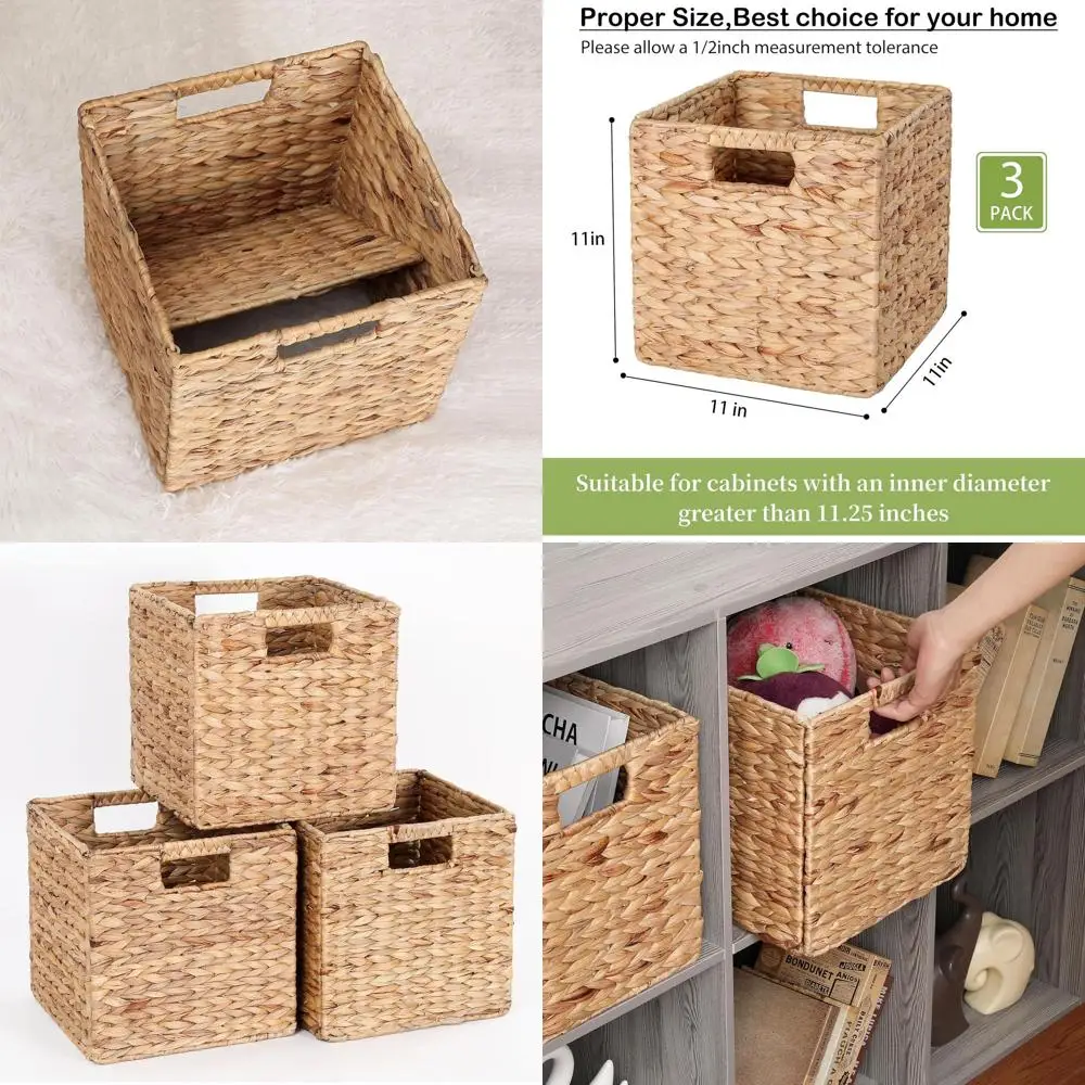 

Set of 3, 11 Woven Cube Storage Baskets for Shelves, Water Hyacinth Baskets