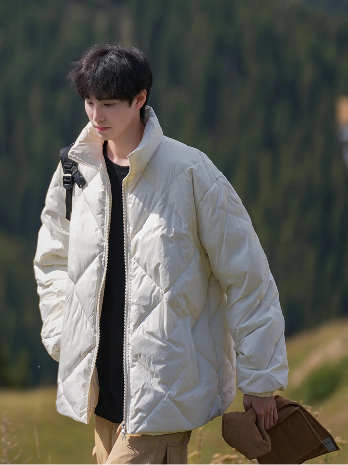 

Light Thiened Diamond Pattern Men's down Jaet Winter Cold Resistance American Retro Simple Stand Collar Outerwear