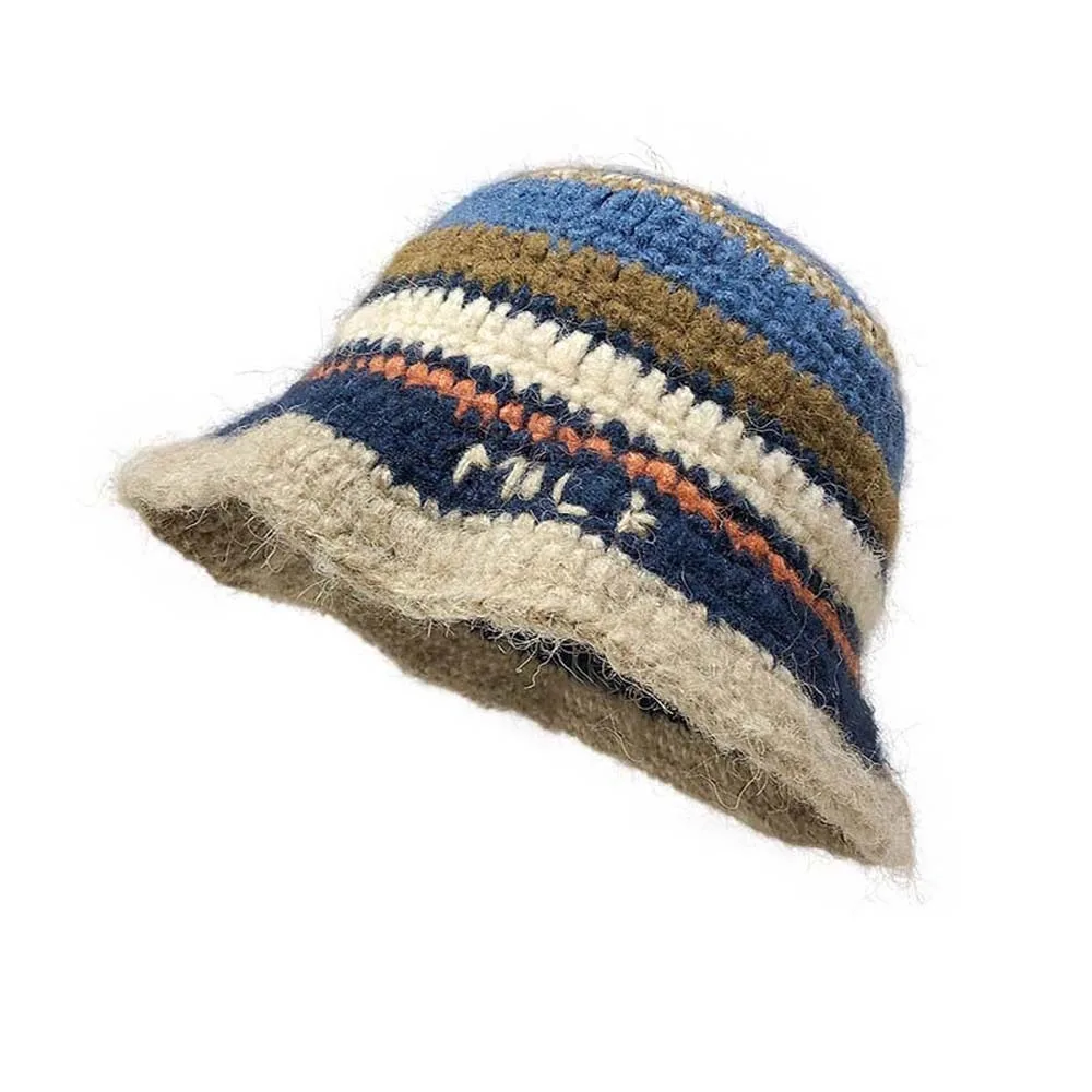 

Fashion Warm Knitted Bucket Hat Temperament Anti-cold Striped Fisherman Hat Contrast Color Korean Style Woven Basin Cap Winter