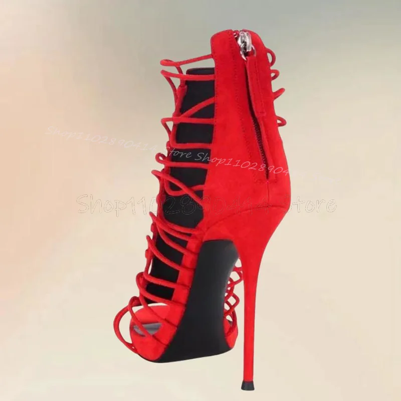 

Red Strappy Hollow Design Open Toe Sandals Back Zipper Women Shoes Thin High Heels Novel Fashion Party 2025 Zapatos Para Mujere
