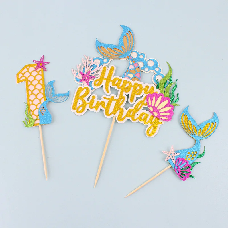 

1set Mermaid Tail Theme Cake Toppers Happy Birthday Cupcake Decor Cute Glisten Party Baby Shower Birthday Decoration Supplies