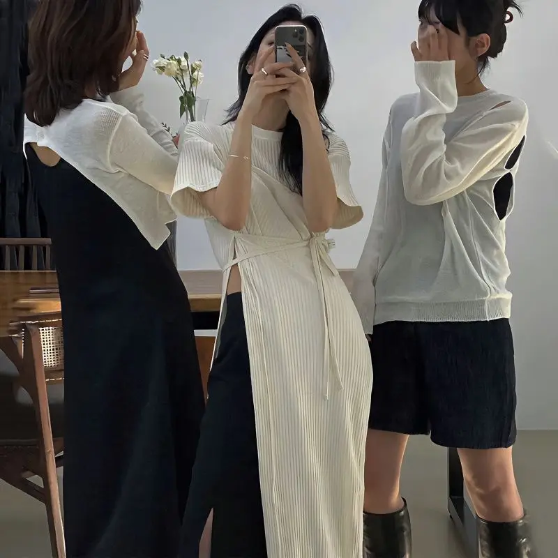 

Новинка лета: корейский дизайн, круглый вырез, завязки на талии, короткий рукав, длинное платье, женское, с боковым разрезом, для повседневной носки, из других материалов.