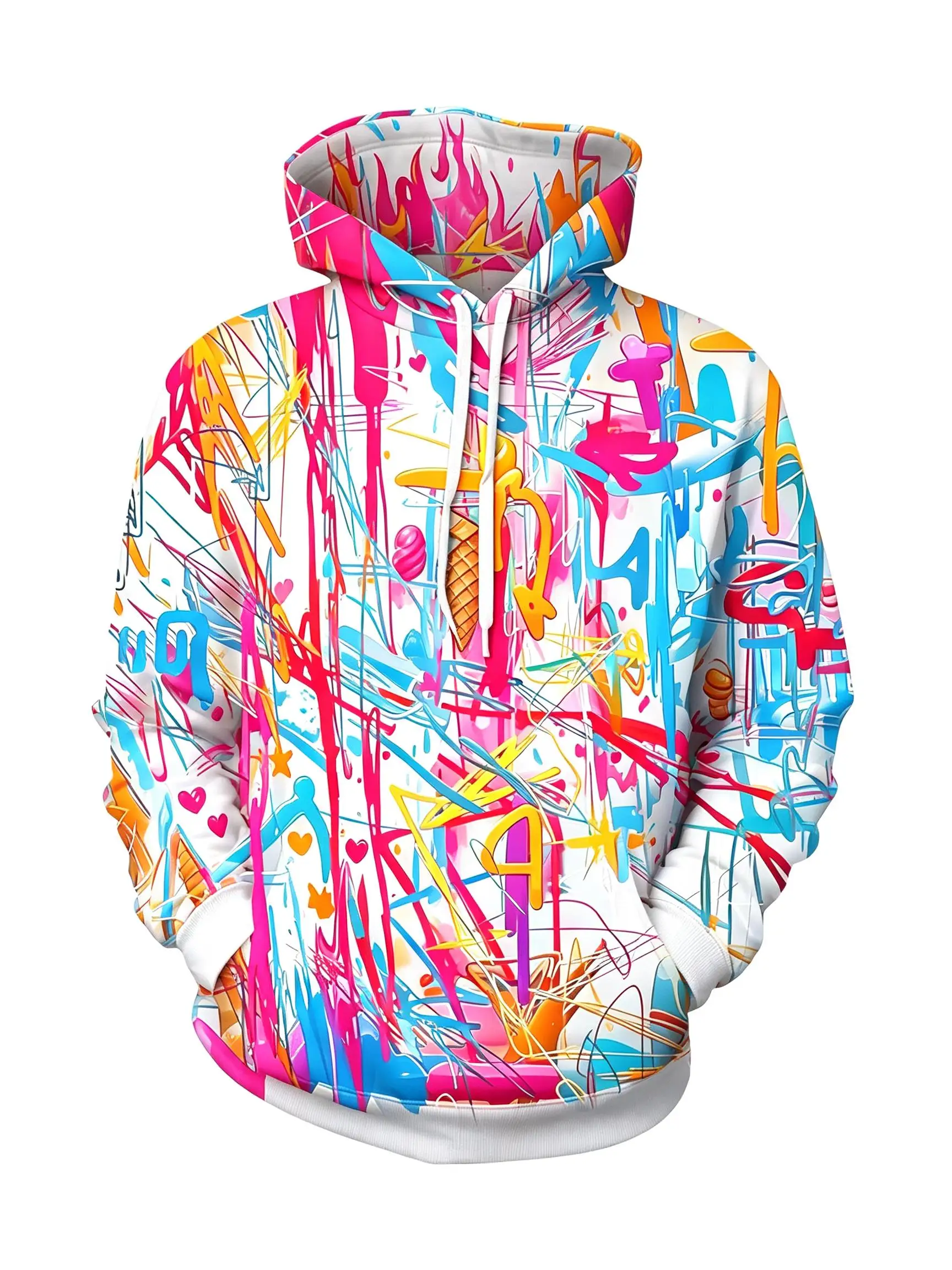 Men's Hoodie Thin Autumn Winter Graffiti Paint Splatter Print Long Sleeve Male Casual Streetwear Sweatshirt Tops Clothes