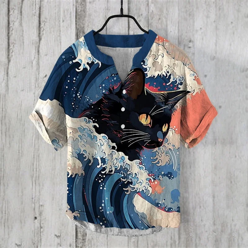 Men's Cardigan Three-Breasted Shirt Ink Painting Wave Black Cat 3D Digital Printing Casual Short Sleeve V-Neck Shirt