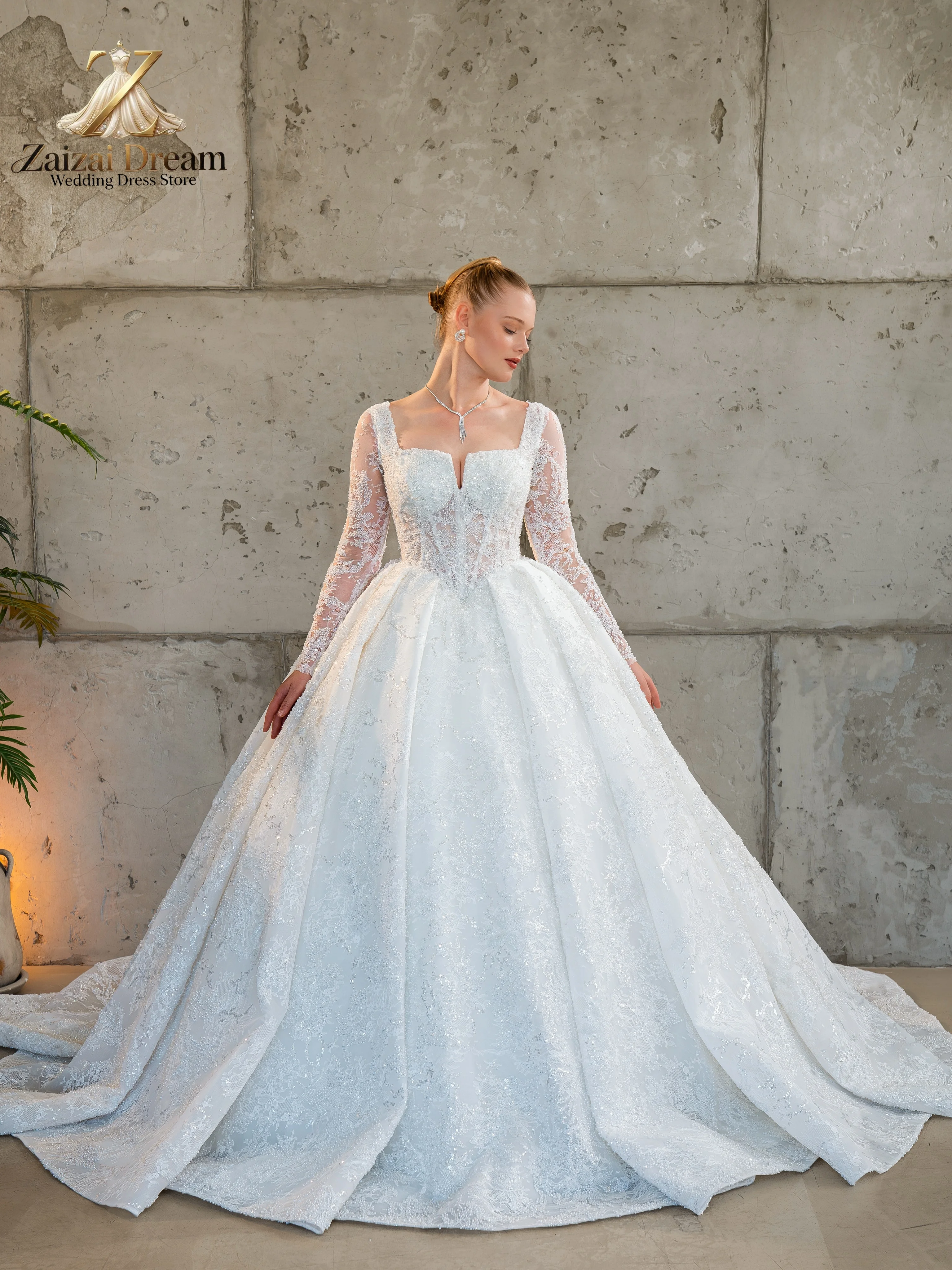 Customized Luxury Ball Gown Wedding Dress Long Sleeve Lace Bridal Gown Square Neck Sparkle Beaded Wedding Dress Vestido De Novia