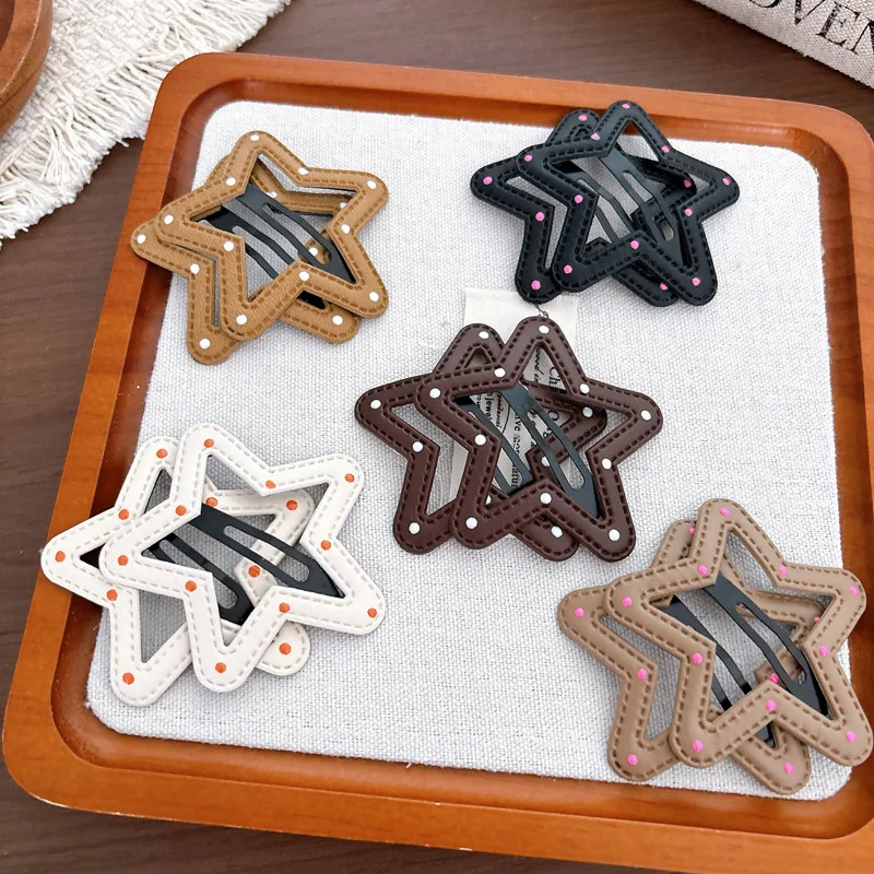 Korean Style Simple Leather Star Hairpin Autumn New Fashion Polka Dot Bangs Side Clip BB Clip Girl Hair Clip Hair Accessories
