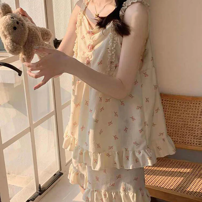 Floral Sleepwear Women Pajama Sets Korean Piiama Summer Set 2 Pieces Night Wear Sleeping Spaghetti Strap Student Home Suit 2024