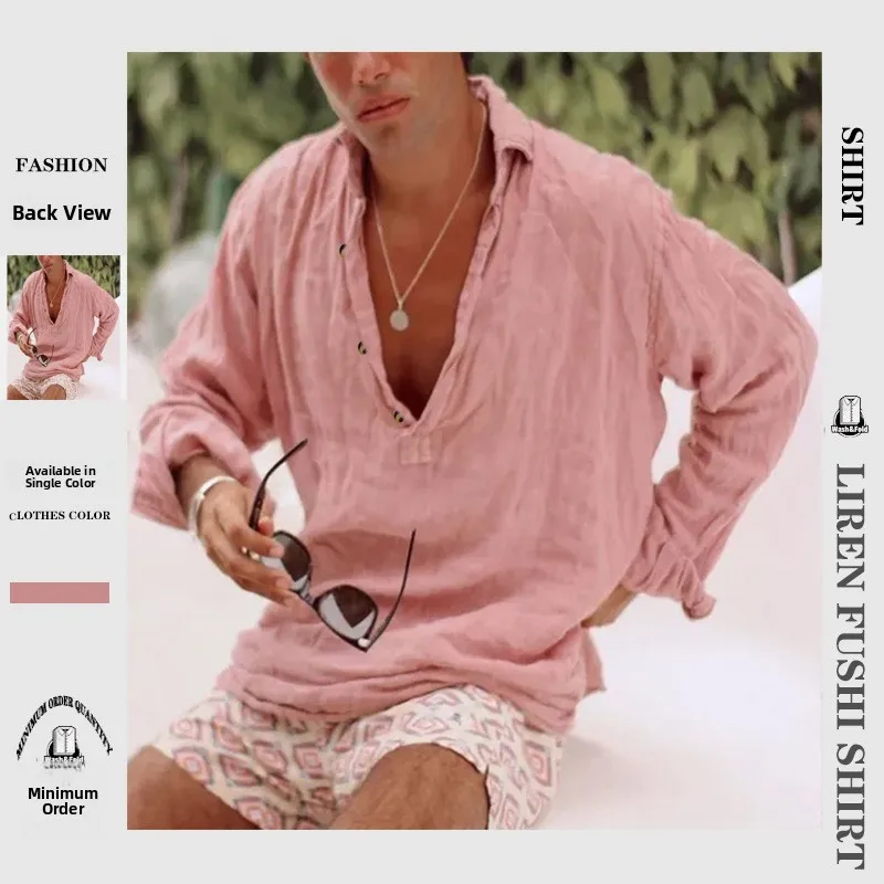 

Новая мужская однотонная повседневная рубашка с длинным рукавом 2025 года, свободного кроя, для пляжа, молодежная, летняя, из тонкого материала, без бренда, зарегистрированная торговая марка...