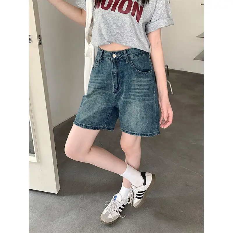 Loose Wide Leg Five-Point Summer Vintage Style plus Size Denim Shorts Casual Women's High Waist Wide Leg Pants Commute Style