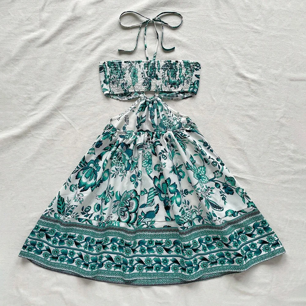 فساتين الربيع الصيف مثير لائق الأزهار أكمام الرسن الرقبة البسيطة عطلة فساتين كامي للنساء #4