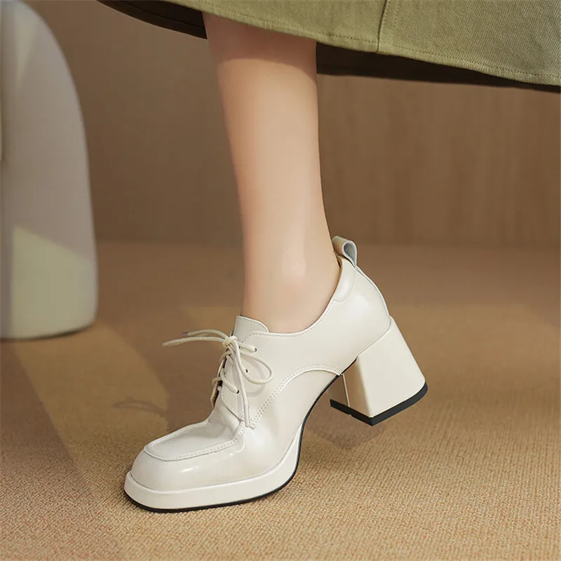 New Spring Autumn Split Leather Loafers Woman Shoes Chunky Heel Square Toe Platform Shoes for Women High Heels Women Pumps