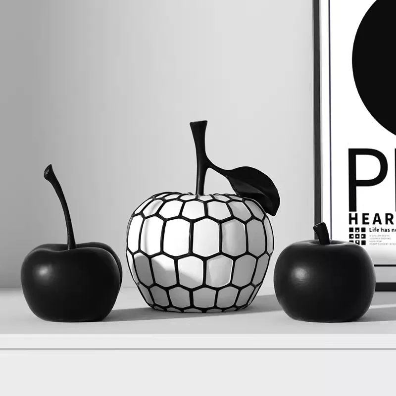 Modern Apple & Cherry Resin Figurine , Black‑White Geometric Apple Sculpture for Home Tabletop Decor Ornament