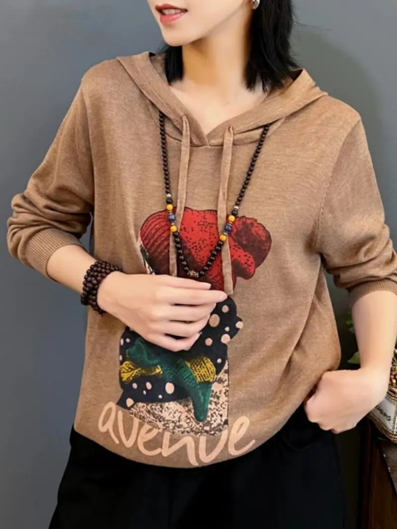 High-End-Teddybär-Kapuzenpullover für Damen, 2025, neuer Herbst, lockeres und vielseitiges, temperamentvolles, bedrucktes Strickpullover-Oberteil