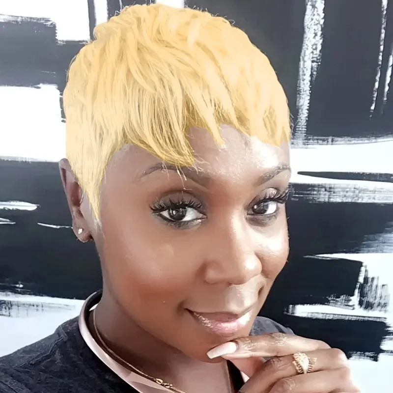 

Short Layered Pixie Full Machine Made Wigs With Bangs Brazilian Straight Human Hair 613 Color