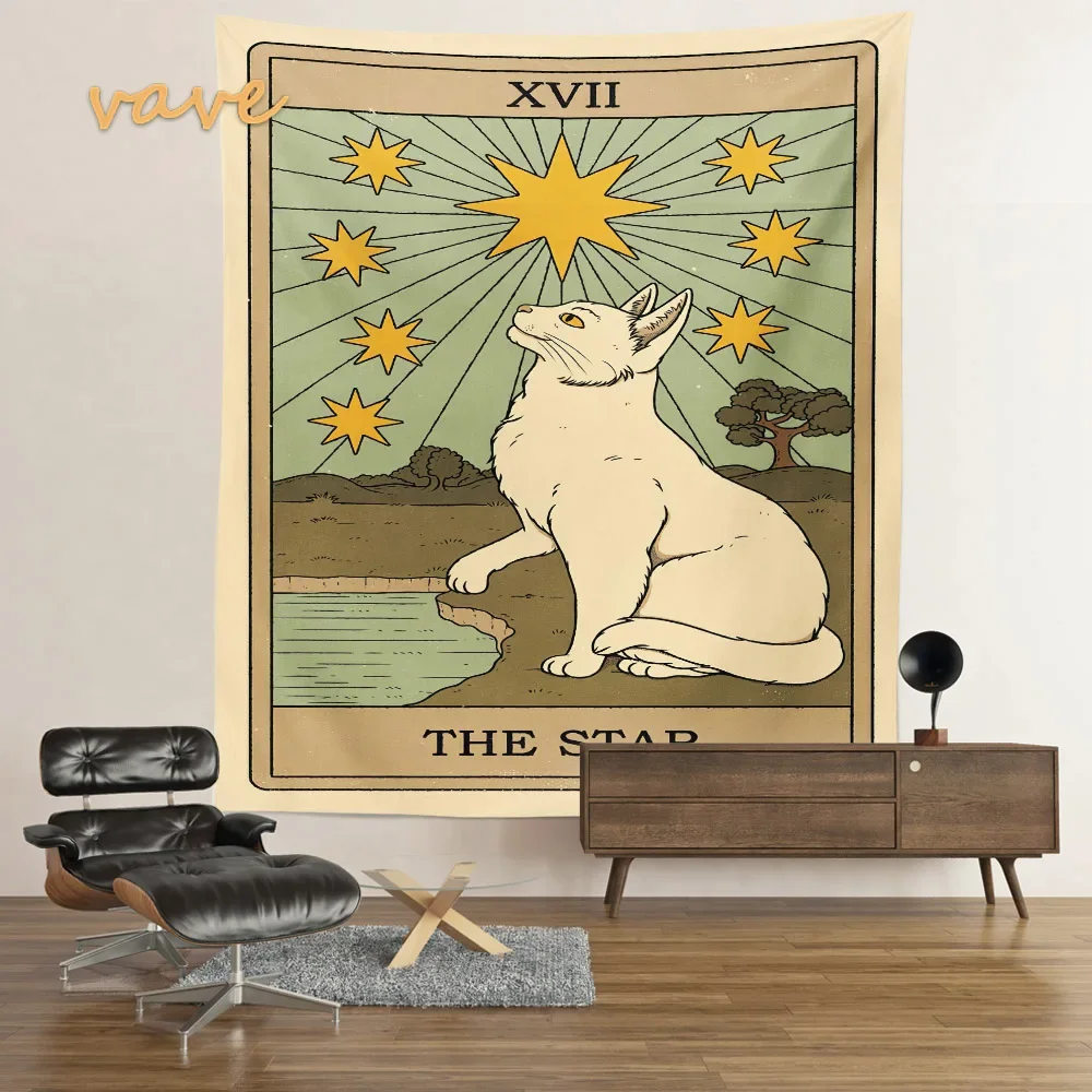 Cat Tarot Card Tapestry Wall Hanging Boho Hippie Sun Moon Star Cloth Fabric Large Tapestry Aesthetic Interior Dorm Bedroom Decor