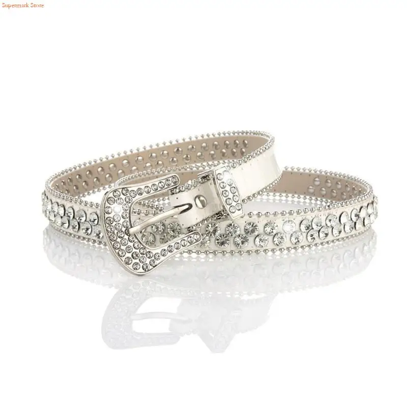 Q5WE Rhinestones Belt for Jeans Women Rhinestones Leather Belt Bling Studded Weste