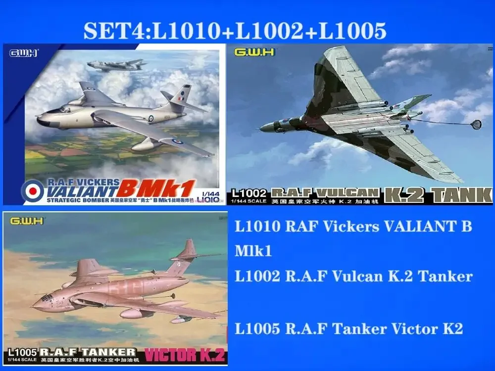 

Great Wall Hobby G.W.H L1010 RAF Vickers VALIANT B Mlk1 & L1002 R.A.F Vulcan K2 Tanker & L1005 RAF Tanker Victor K2