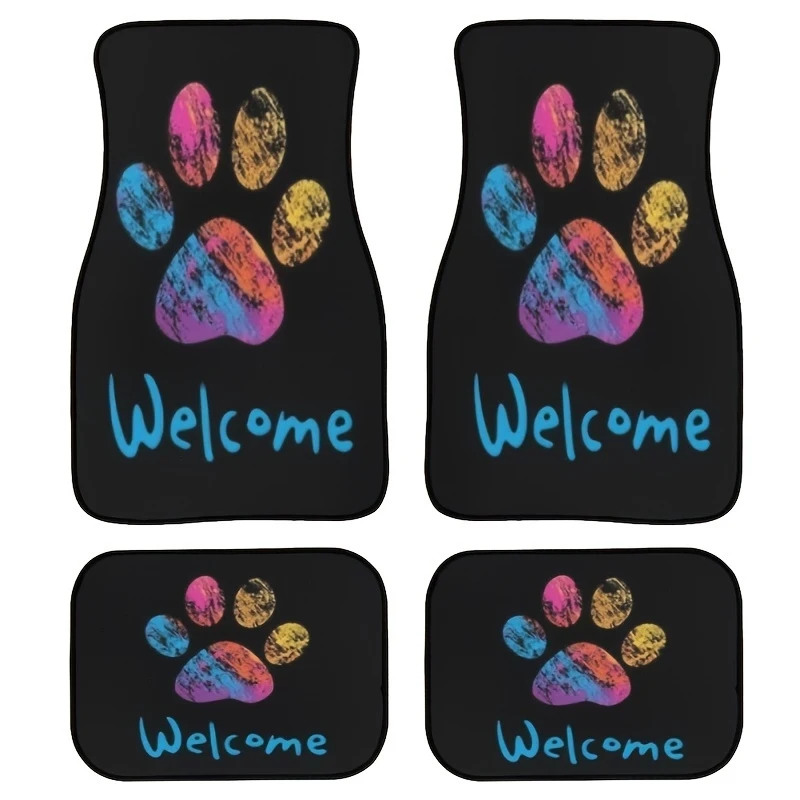 4Colorful Paw Print Car Floor Mat Set - Universal type suitable for cars、Truck、SUV - Stylish protection and interior enhancement