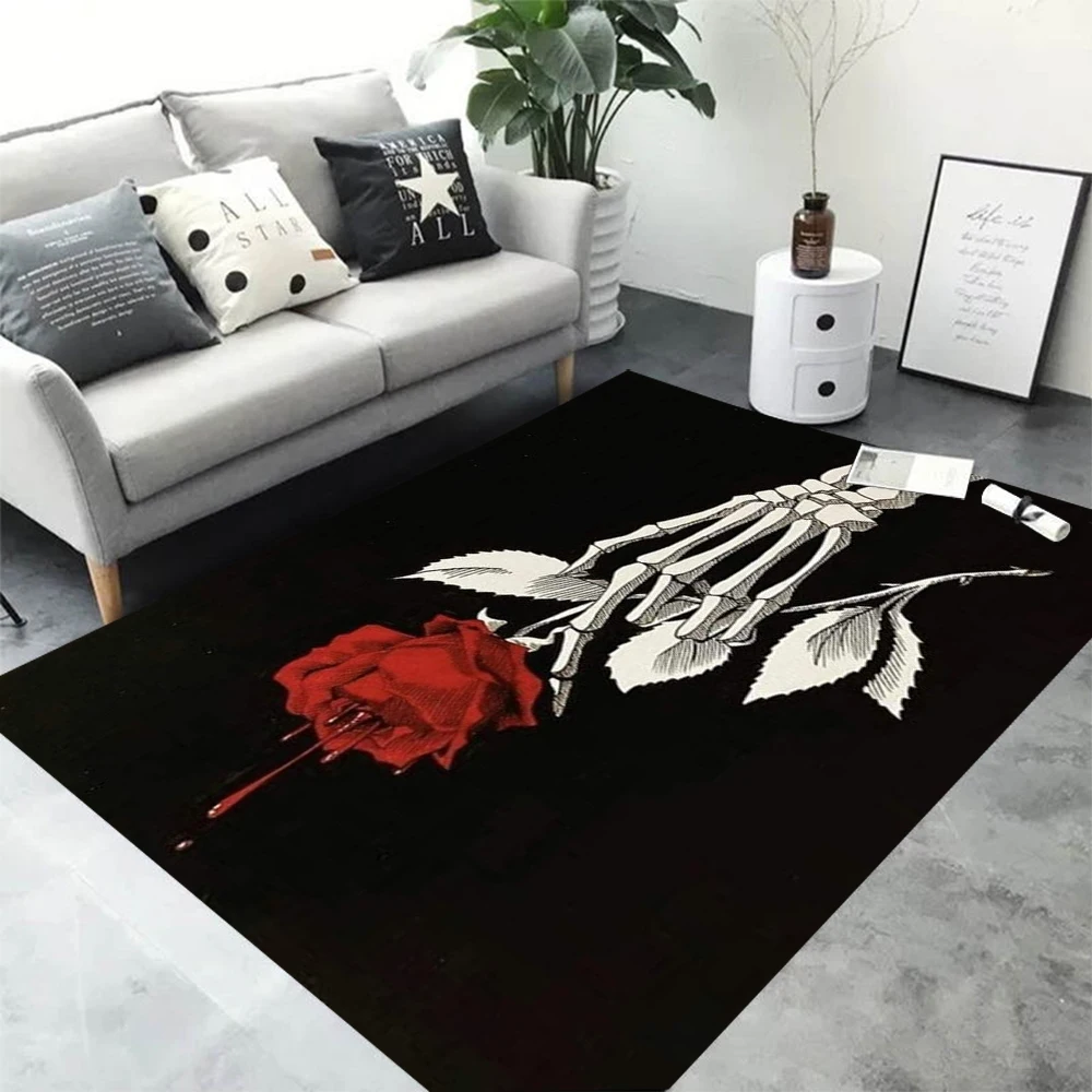 Skeleton Holding Rose Print Carpet Dark Terror Series Living Room Carpet Bedside Rug in The Bedroom Washroom Floor Mat