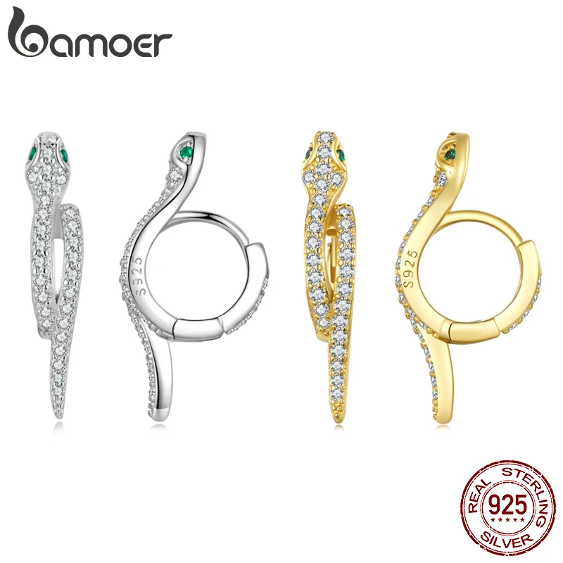 Bamoer 925 Sterling Silver 3D Snake Earrings for Women Shiny Zircon Snake Ear Buckles Statement Fine Jewelry Party Gift BSE669