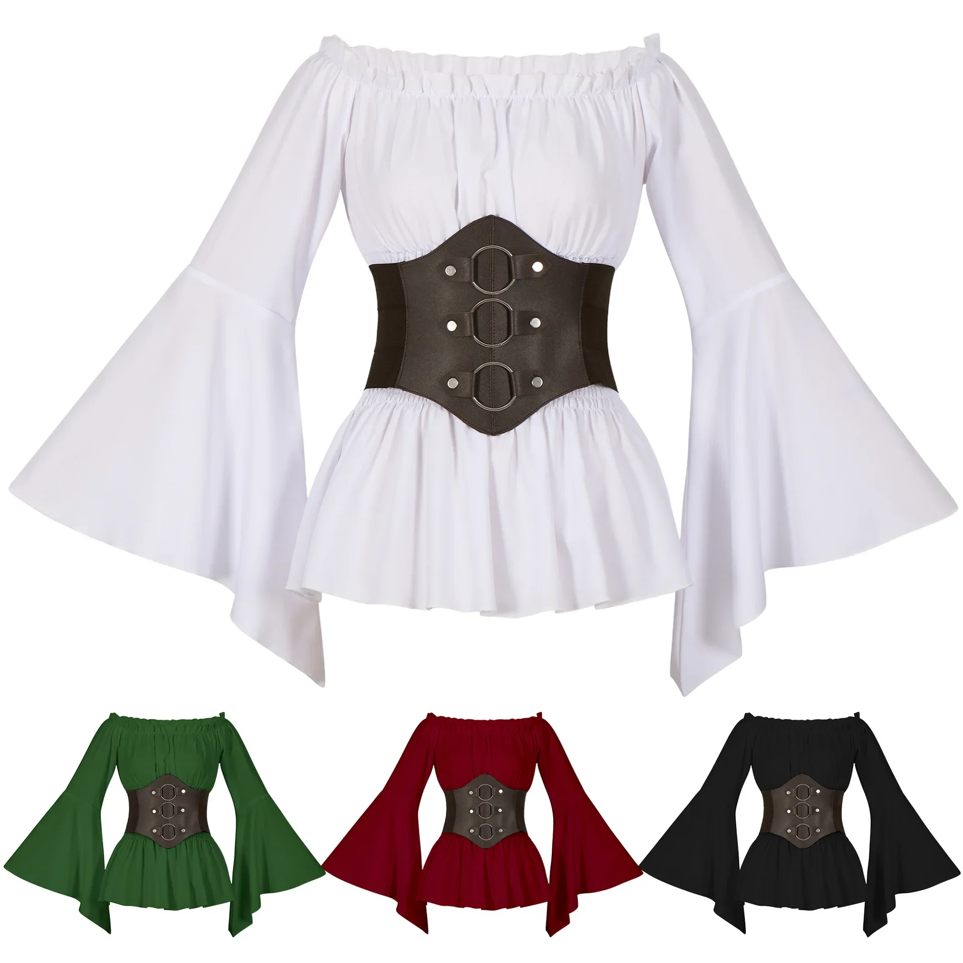 

Women Medieval Renaissance Pirate Shirt Retro Stage Performances Blouses Halloween Costume Slim Lady Long Sleeves Ruffled Tops
