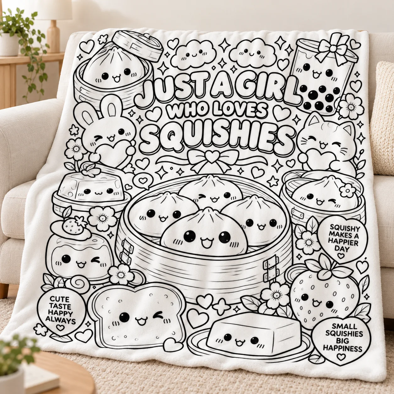 Squishy Girl Coloring Page Blanket, Cute Printed Sofa Bed Throw, Multi-use for Office Nap, Travel, Camping & Household Use