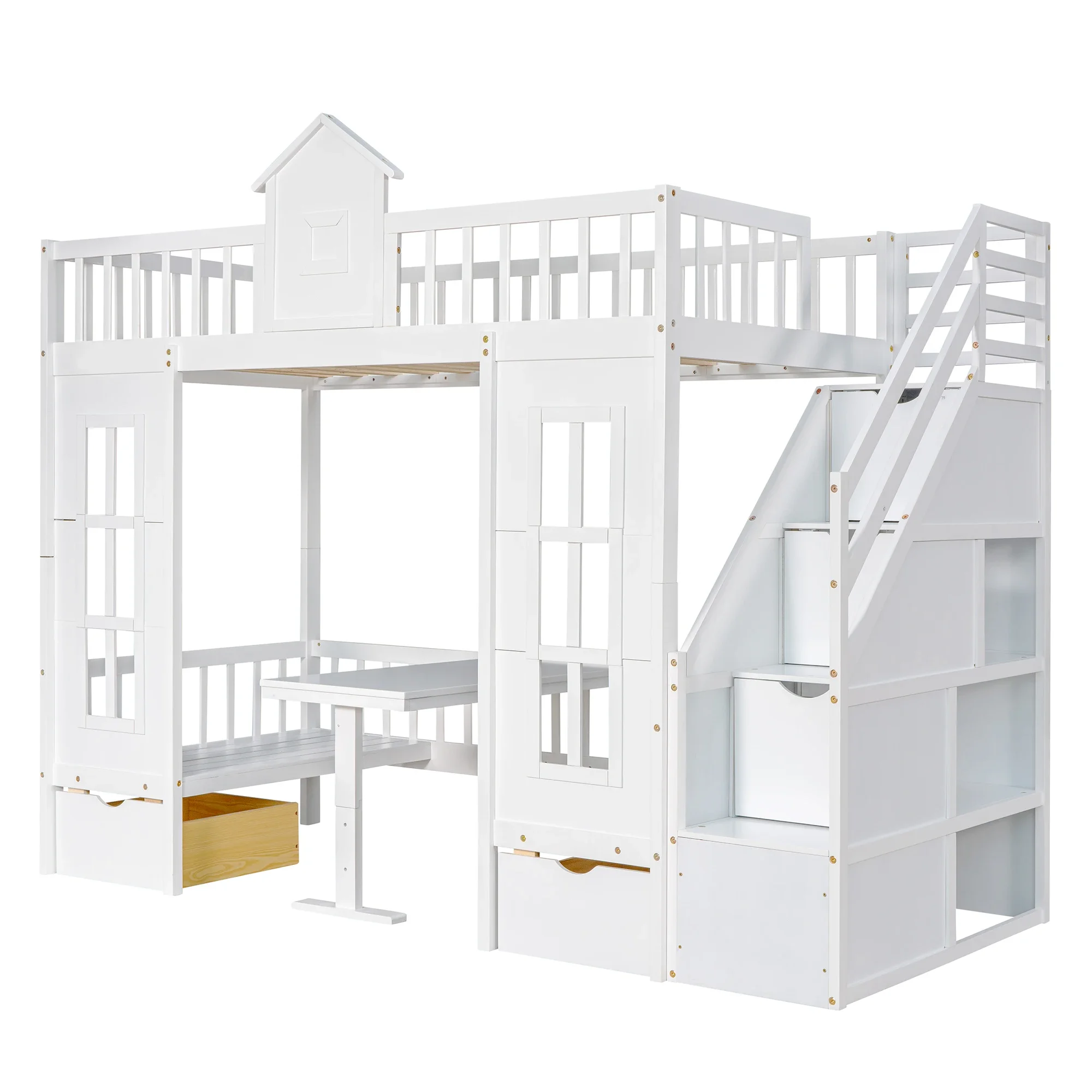 Twin-Over-Twin Bunk Bed with Changeable Table , Bunk Bed Turn into Upper Bed and Down Desk with 2 Drawers - White