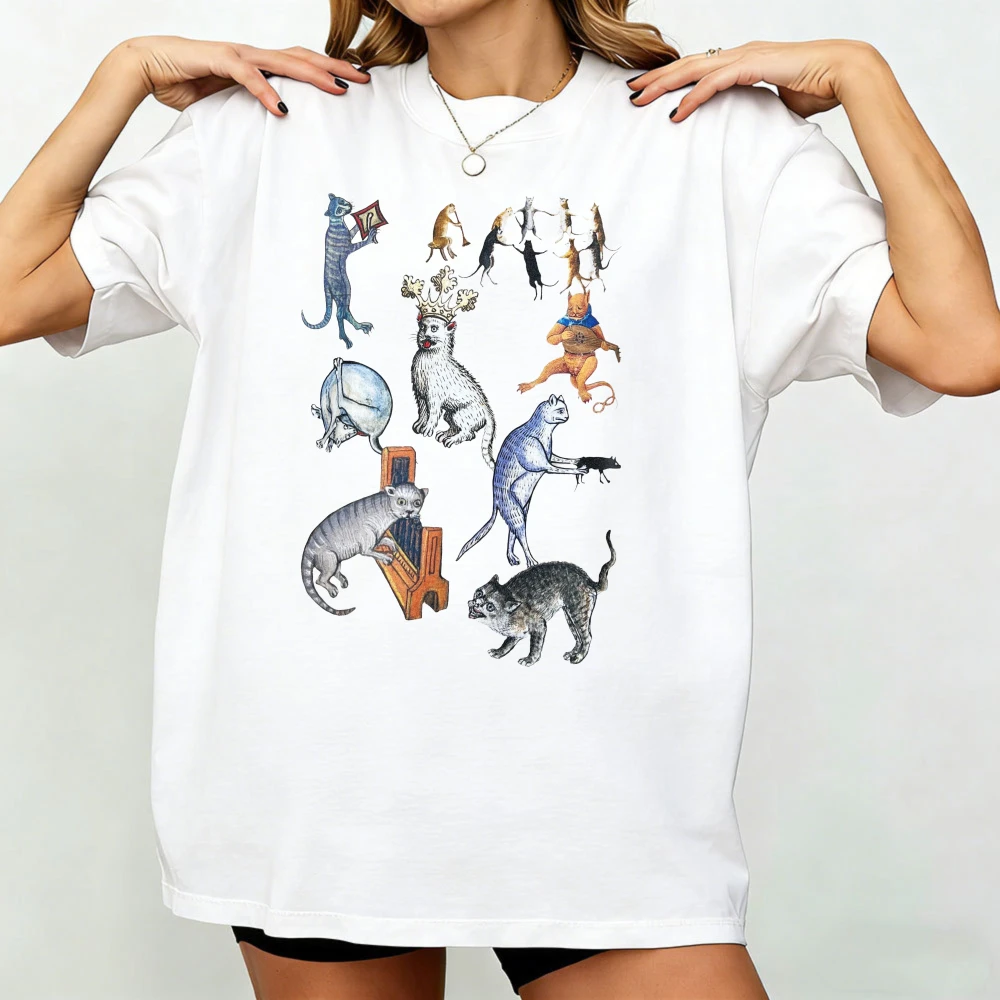 Unisex Weird Medieval Cat Party Shirt Medieval Marginalia T-shirt Women Streetwear Classic Pattern Comfort Animal Print Tops