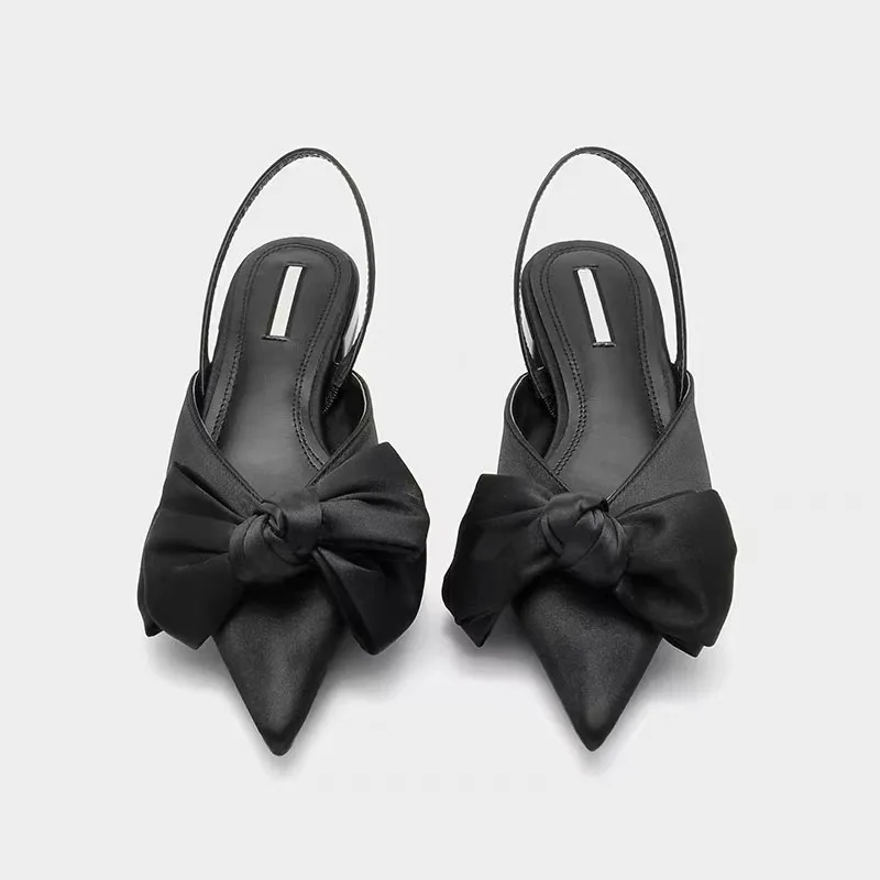 2024 Fashion Shoes Female One Pedal Women\'s Pumps Summer Pointed Toe Bow Tie Sexy Dress Party Shoes Ladies Shallow Chunky Heels