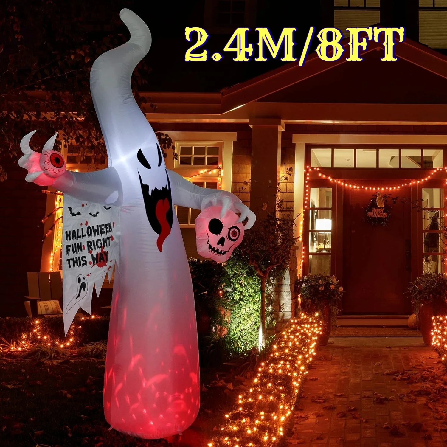 8 FT Halloween Blow Up Ghost Inflatables, Giant Scary Ghost Holding Skull Head with LED Lights Outdoor Holiday Decoration Prop