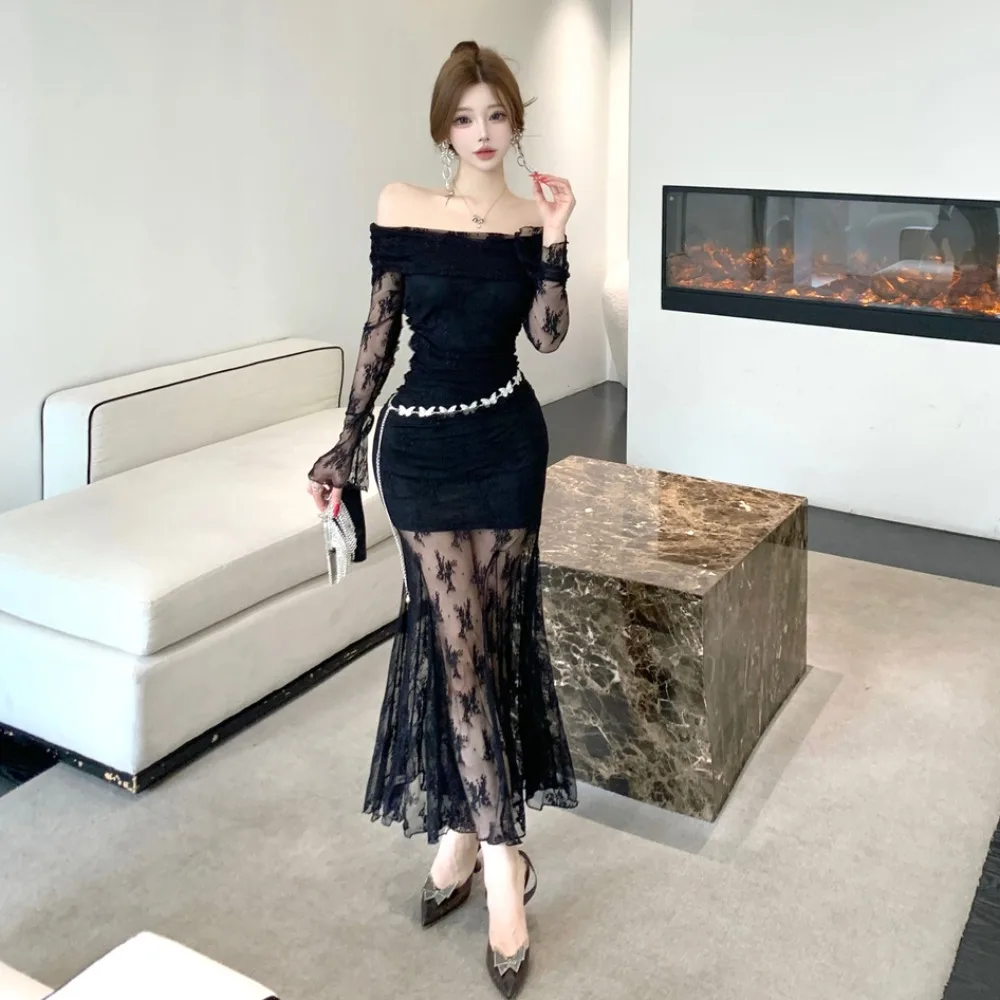 

Элегантное кружевное платье-боди с одним открытым плечом в стиле Pure Desire, женское модное платье с длинными рукавами, облегающее, с эффектом утяжки, с юбкой-оберткой.