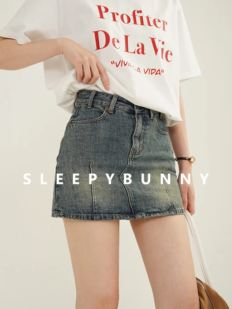 Vintage Washed Denim Mini Skirt Women High Waist A-Line Slim Casual Elastic Bodycon Jean Short Skirt Safety Inner Layer Summer