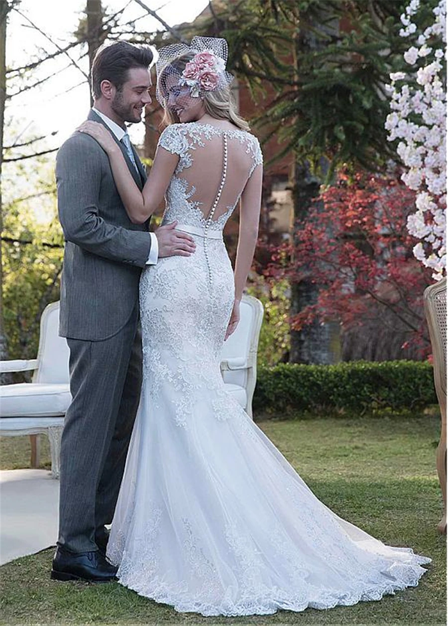 Robe de mariée sirène en Tulle 2 en 1, élégante, avec des Appliques en dentelle, jupe détachable à perles