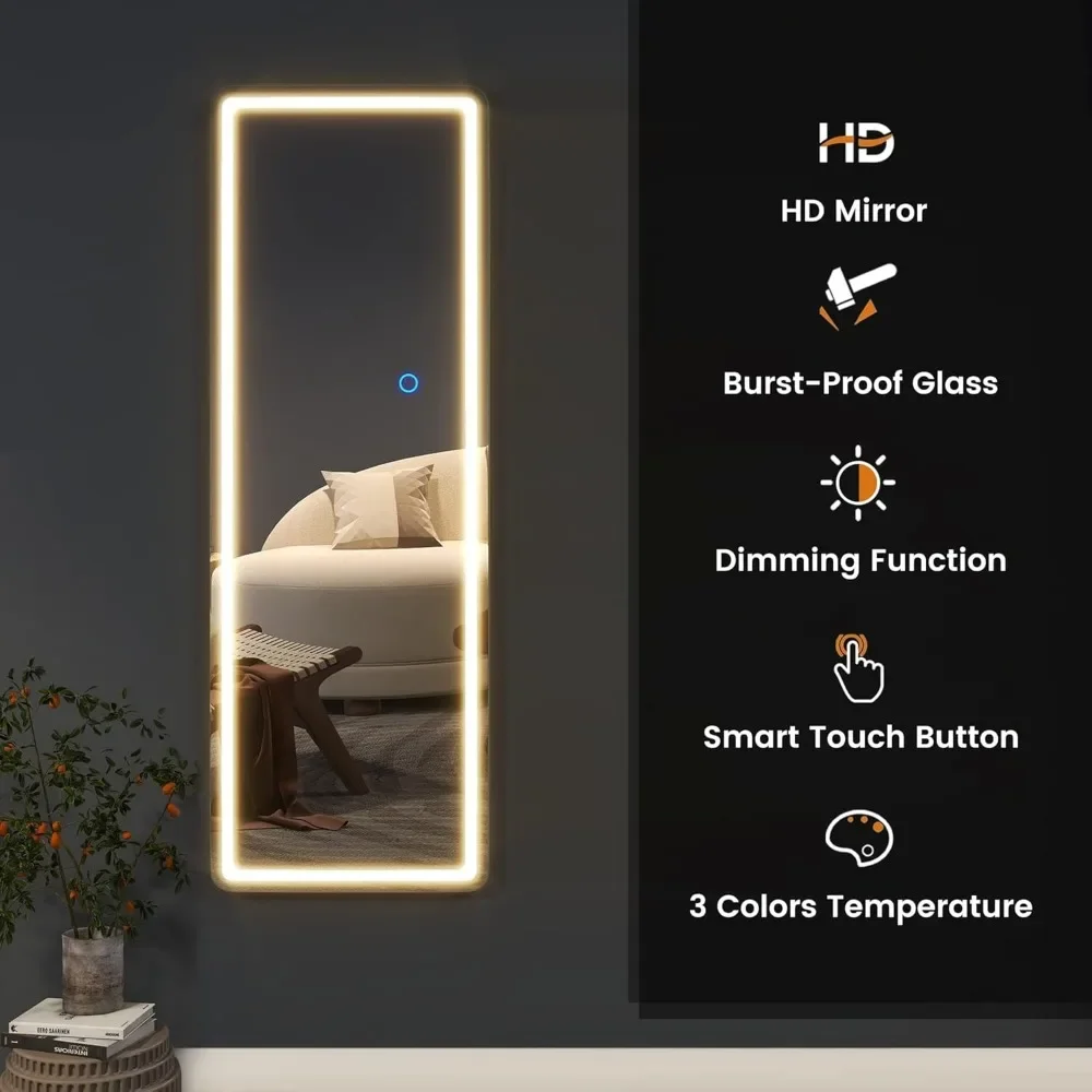 Specchio a figura intera con luci a LED, con ganci specchio da parete a tutta massa con regolazione del telaio in alluminio e specchio per porta a LED a 3 colori