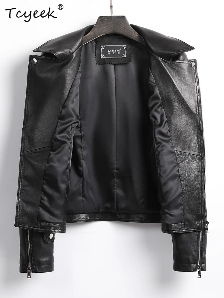 Tcyeek peau de mouton femmes veste en cuir printemps automne costume col à manches longues noir court moto veste Chaqueta Cuero Mujer