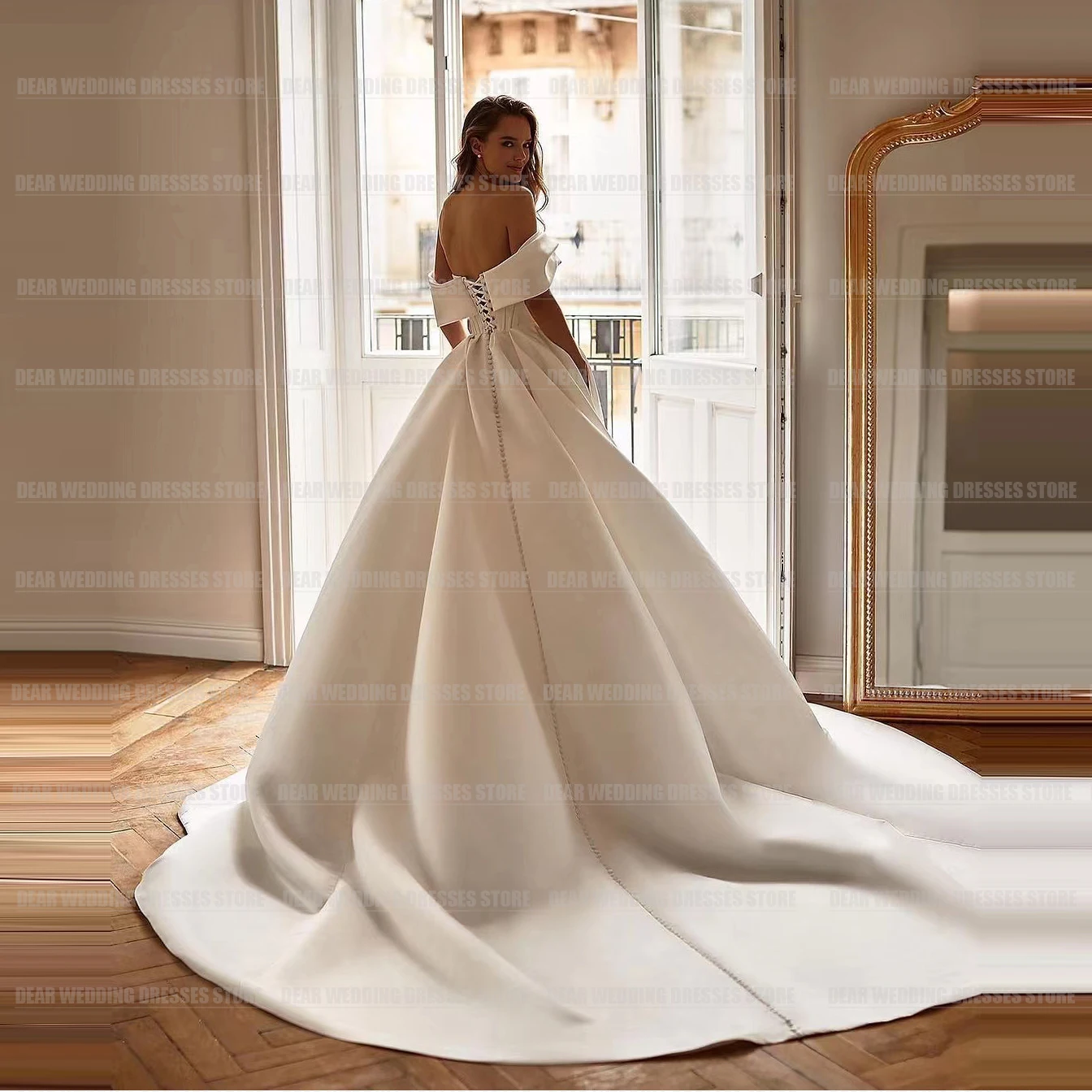 Semplici ed eleganti abiti da sposa con spalle scoperte per donna una linea Sexy scollo A barca Sweep Train abiti da sposa da principessa formali in raso