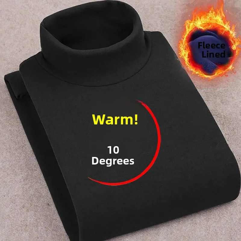 Thickened Double-sided Fleece Knitted Long Sleeve Hoodie Men's T-shirt High Collar Warm Base Layer Modern Style Winter Youth ...