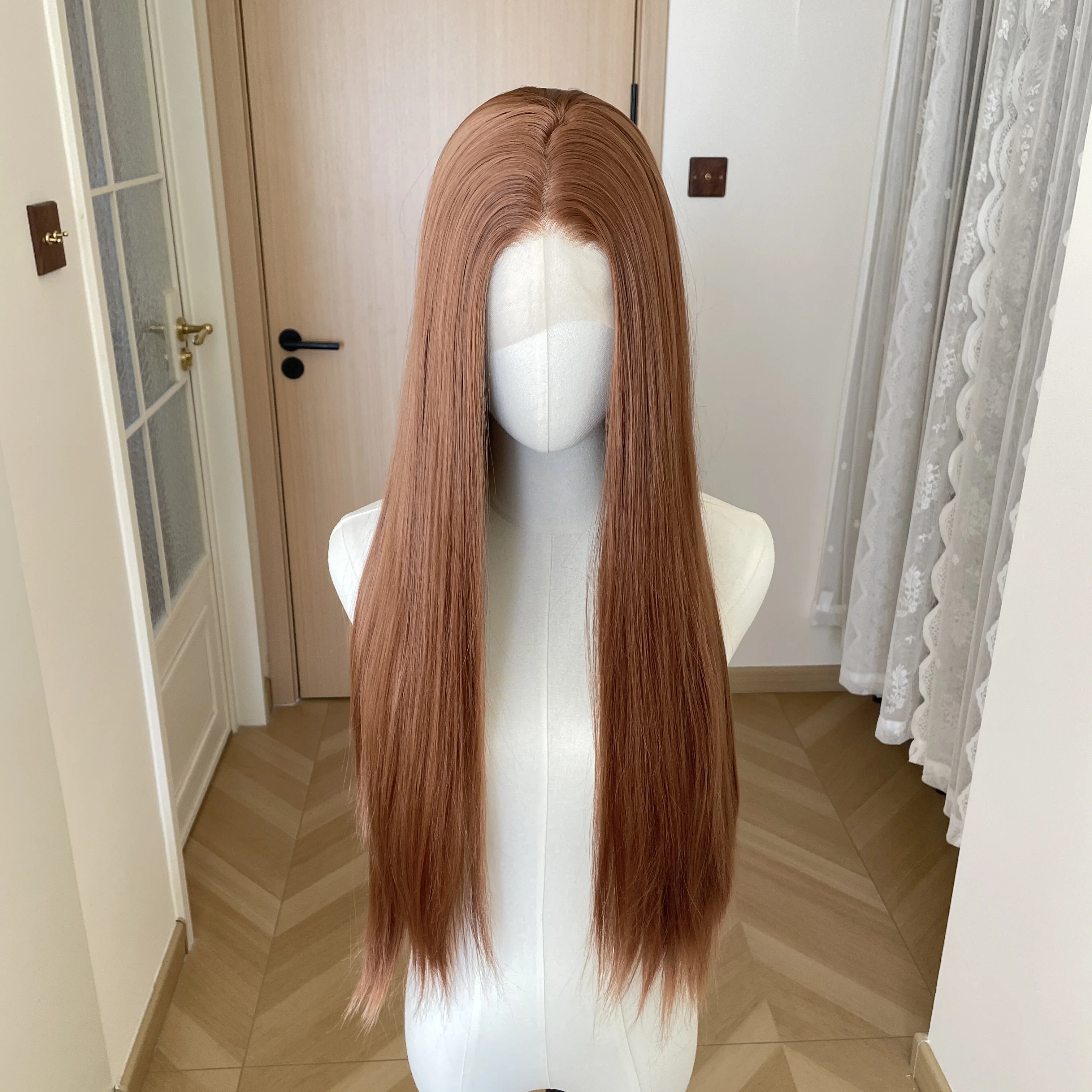 Honey Brown Long Sliky Straight 13x4 Lace Front Wigs for Woman 26Inch Free Part Glueless Synthetic Wigs Half Hand Tied Natural