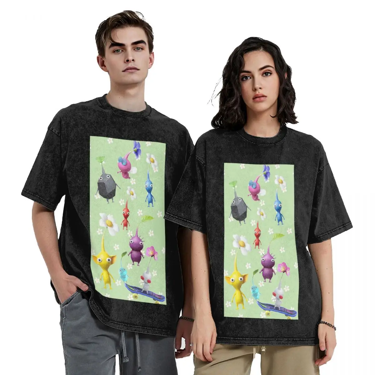 Pikmin Characters Hip Hop Short Sleeve T-Shirts Washed Tops Tees Streetwear T Shirt Cotton for Men Women
