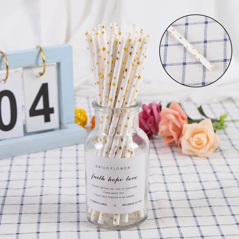 25Pcs/Set Eco Vintage Hot Metal Stripes Kraft Paper Straws Wedding Favors Drinking Kids Birthday Party Decoration Event Supplies