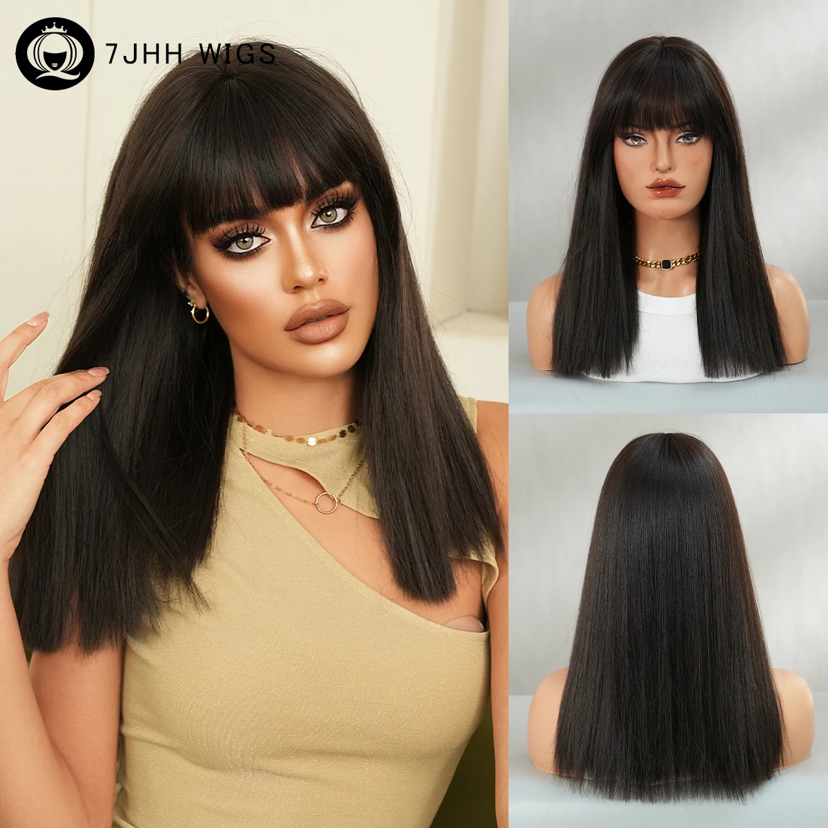 

Shoulder Length Straight Black Wig for Women High Density Synthetic Layered Heat-Resistant Modest Fashion Wigs with Neat Bangs