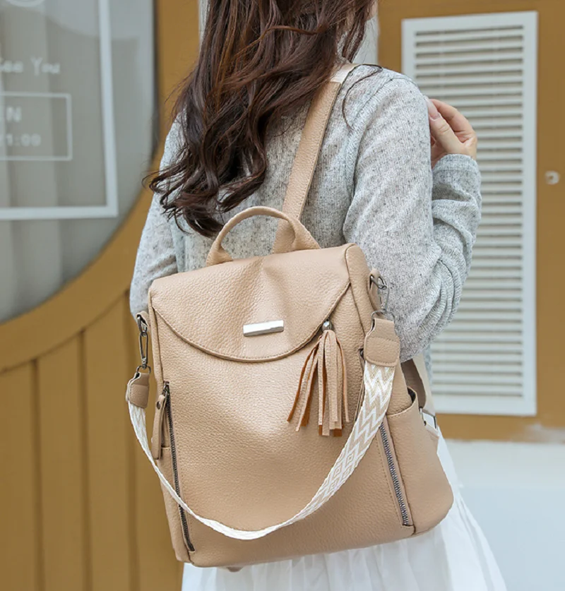 

Korean New Women's Large Capacity Anti Theft Travel Backpacks Fashion Tassels Leather Shoulder Bags Notebook School Bag Totes