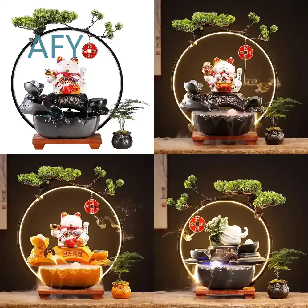 Lucky Cat Flowing Water Ornament for Office Decoration Desk Decor Circulating Water Fountain Fortune Cat for Desktop Front
