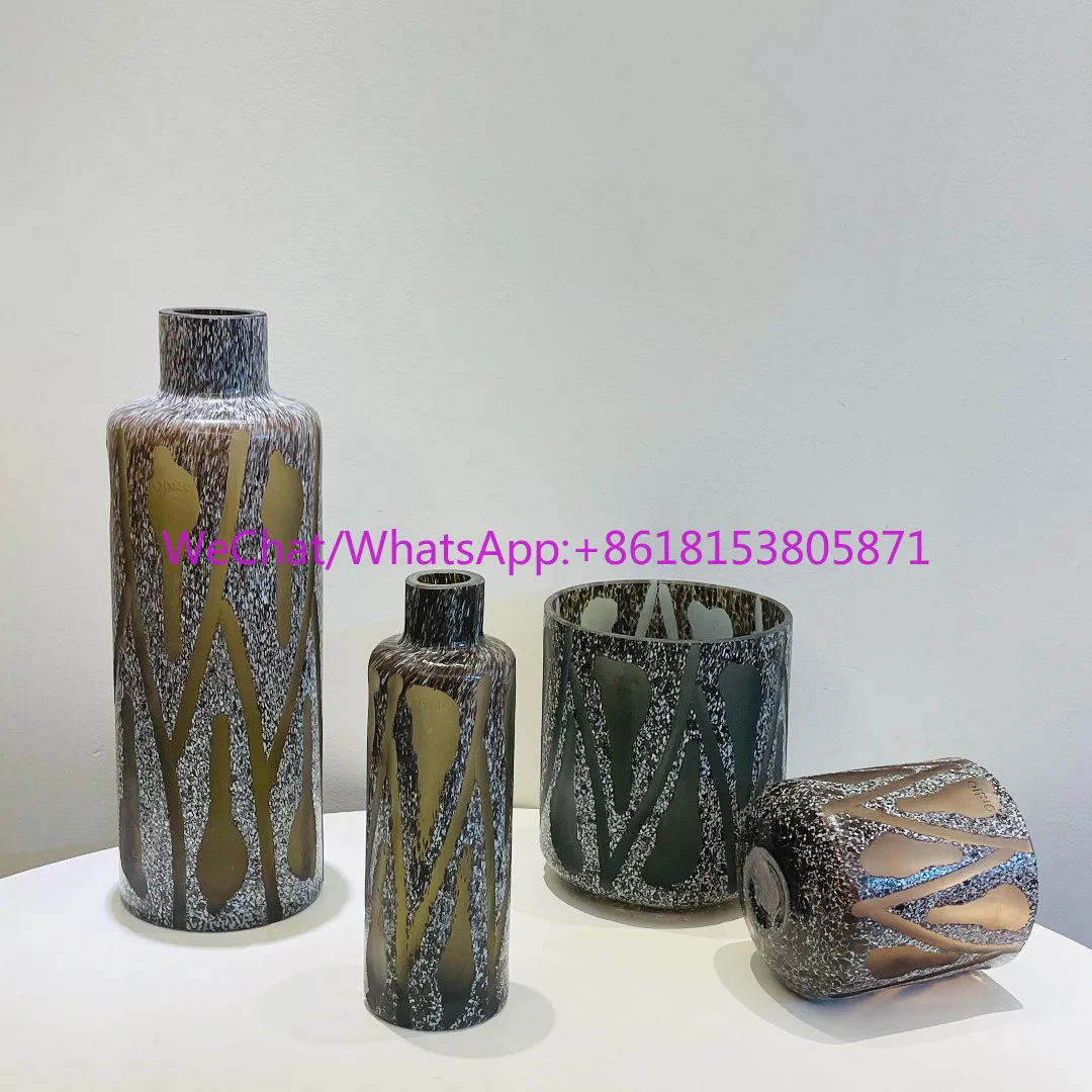 Premium brown handmade engraved vase foreign trade fuchsia stripe engraved grinding soft package