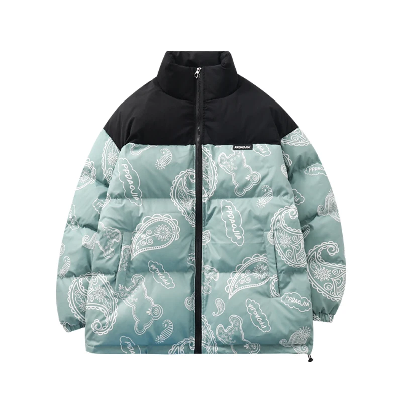 Men Japanese Streetwear Puffer Jackets 2023 Winter Mens Full Print Fashions Bubble Coat Couple Patchwork Thick Parkas