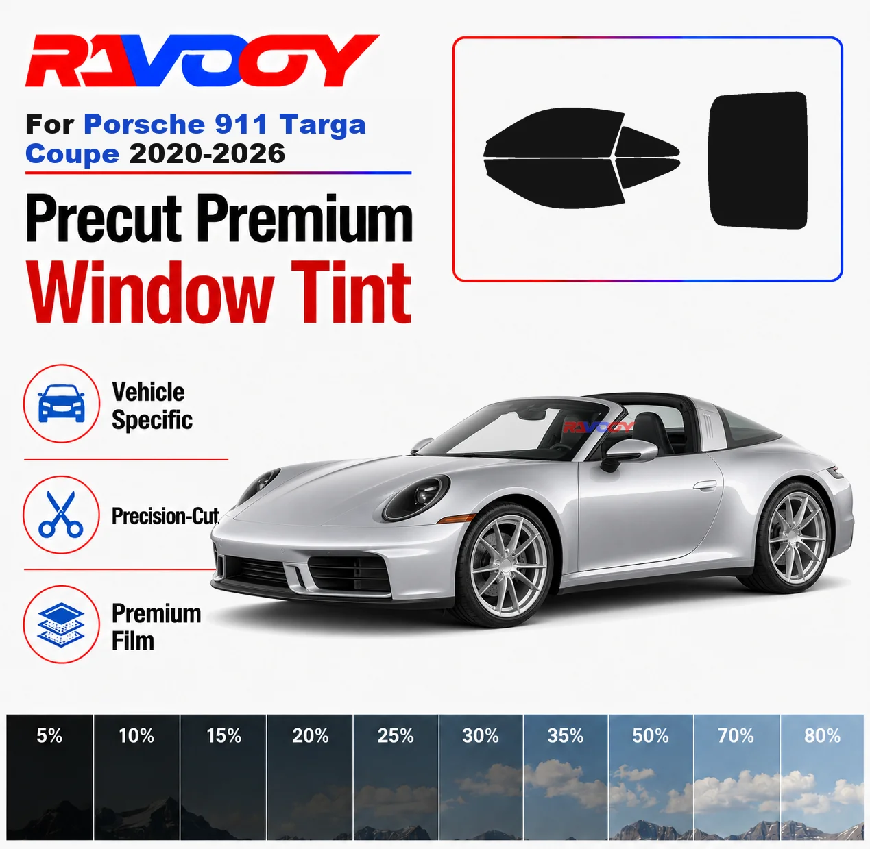 

Premium Precut Window Tint Kit Front Rear Windows For Porsche 911 Targa Coupe 2020-2026 Complete Set Car Solar Nano Ceramic Film