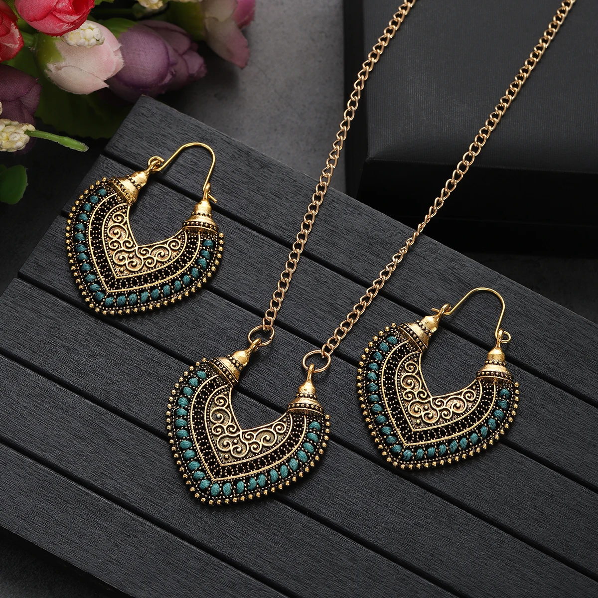 Vintage Ethnic Gold Color Drop Earrings Necklace for Women Heart Shape Statement Earrings Bohemian Rope Wrap Jewelry bijoux