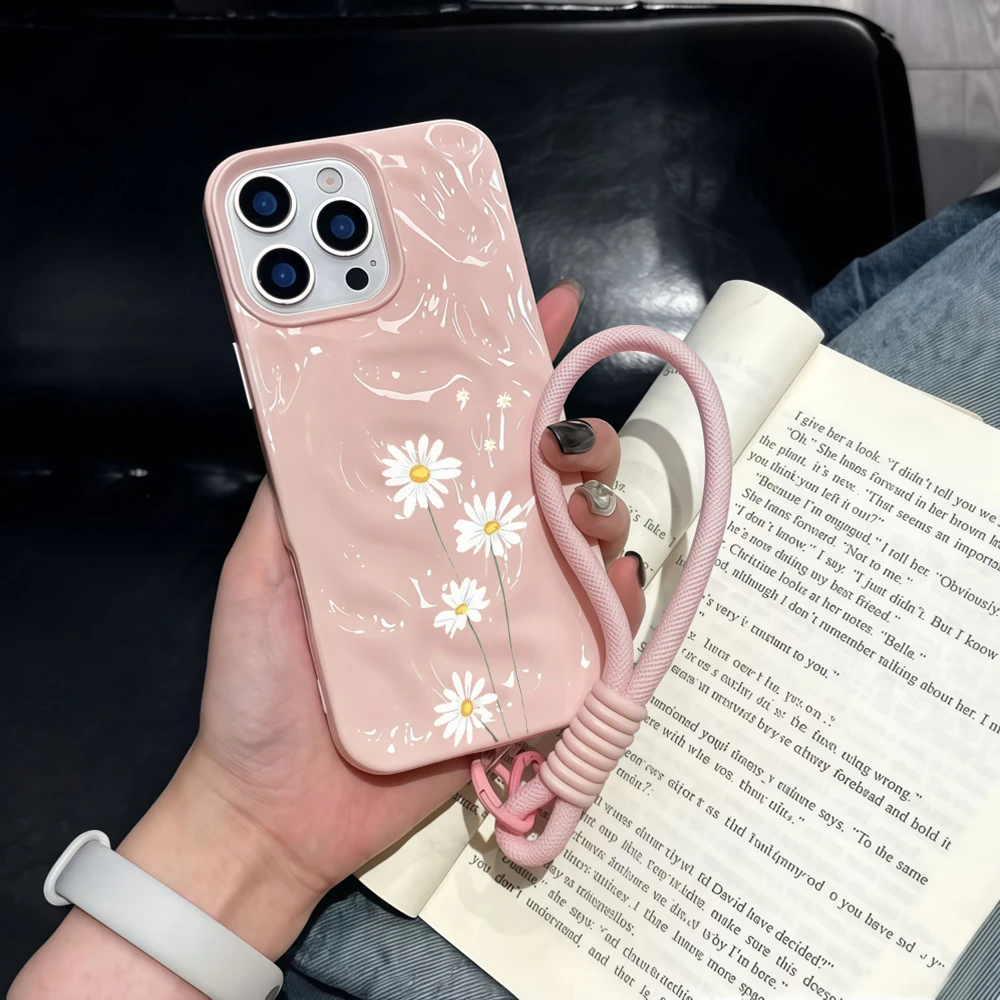 Einfache Gänseblümchen-Blumen-Silikon-Handyhülle für iPhone 17 15 13 11 12 14 16 17 Pro Max 14 15 Plus 17Air mit Lanyard-Hülle – Detail 3