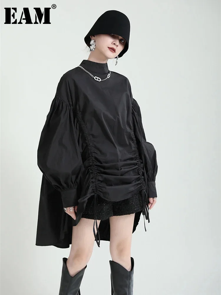 [EAM] Women Balck Irregular Drawstring Big Size Dress New Stand Collar Long Sleeve Loose Fit Fashion Spring Autumn 2024 1Z18901